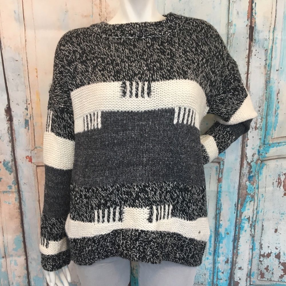 NWT YERSE Gray Black Cream Wool Blend Stripe Pullover Sweater